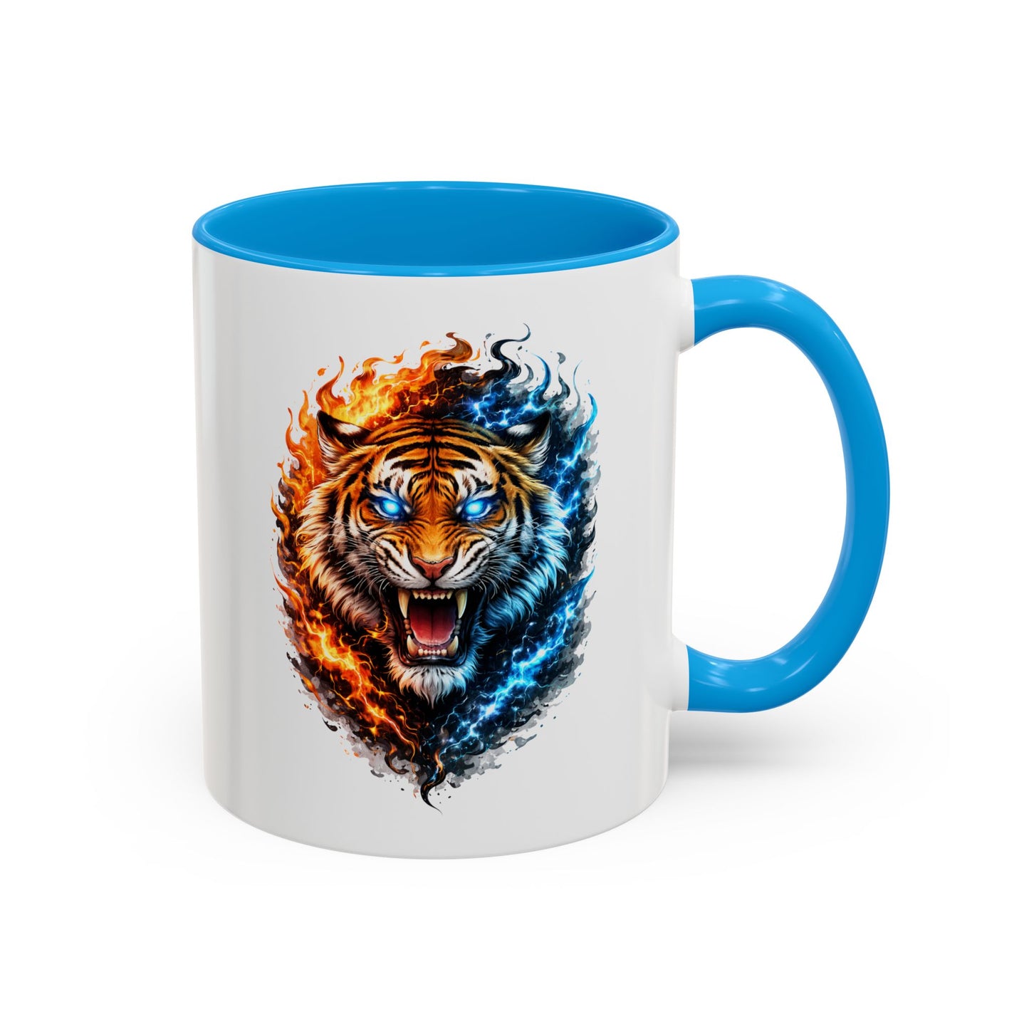 Tasse Tigre Feu Glace 325ml – Mug Céramique Design Animal Puissant Bleu Rouge Noir – Cadeau Original Fantaisie