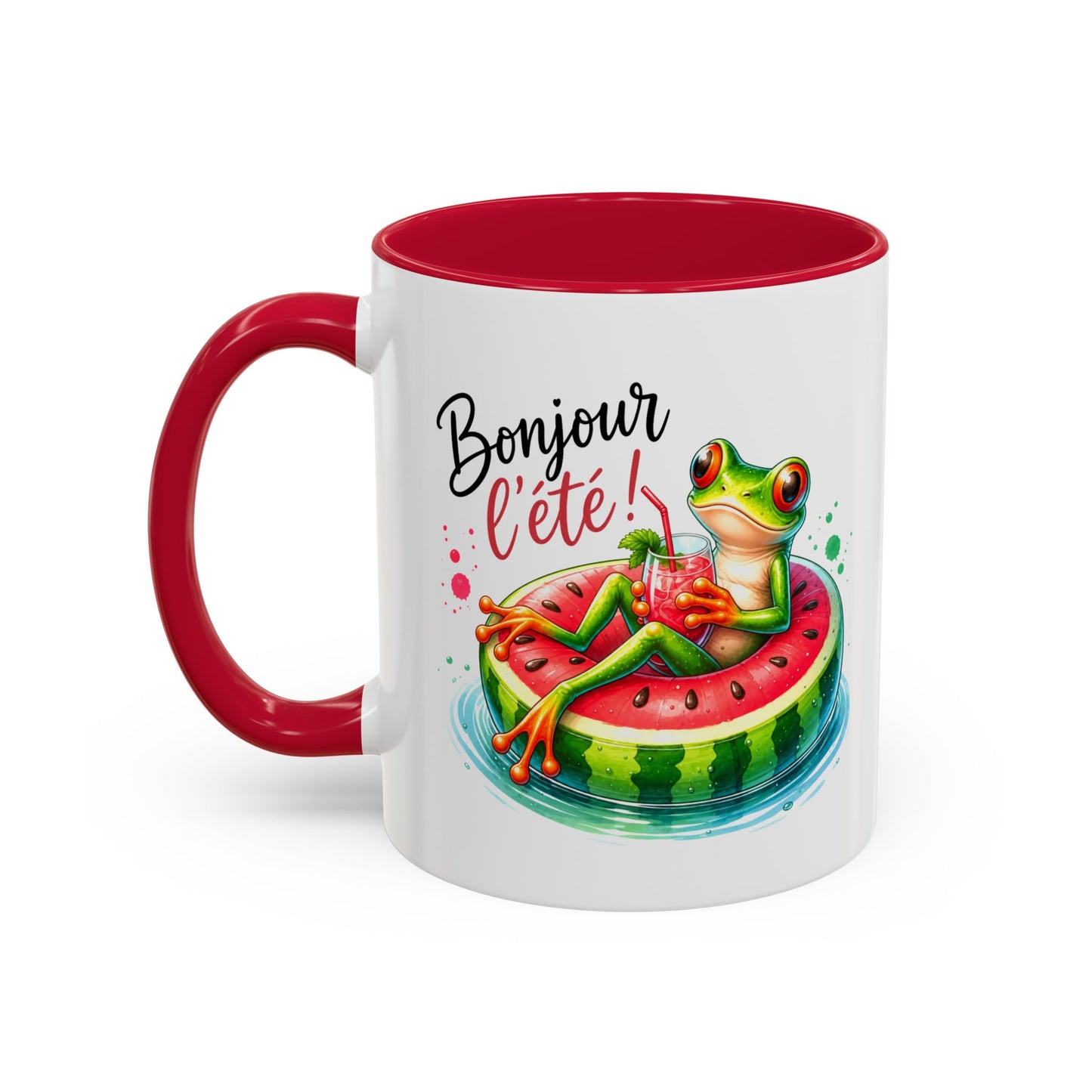 Tasse Bonjour l’Été – Mug Grenouille sur Bouée Pastèque – Cadeau Été Vacances Humour Homme Femme 325ml