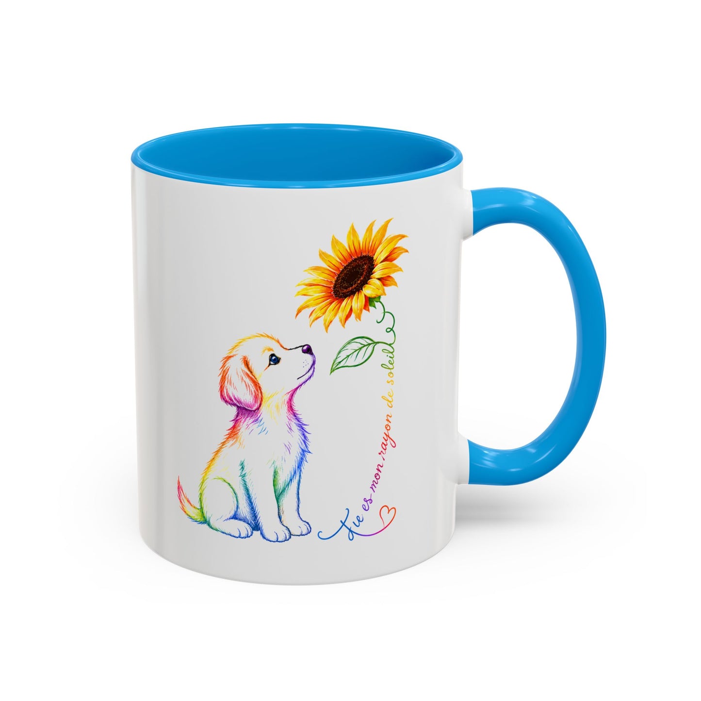 Mug Chien et Tournesol – Tasse Chien Colorée Amour Bonheur – Cadeau Original Amoureux des Chiens Homme et Femme Noir Bleu Rouge