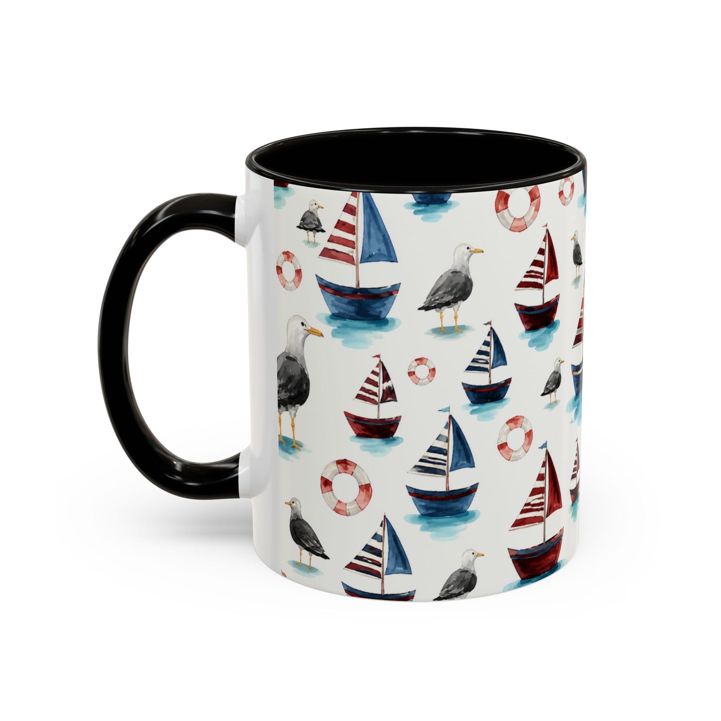 Tasse Thème Marin Aquarelle – Mug Voilier et Mouette – Design Nautique Bord de Mer – Céramique 325ml