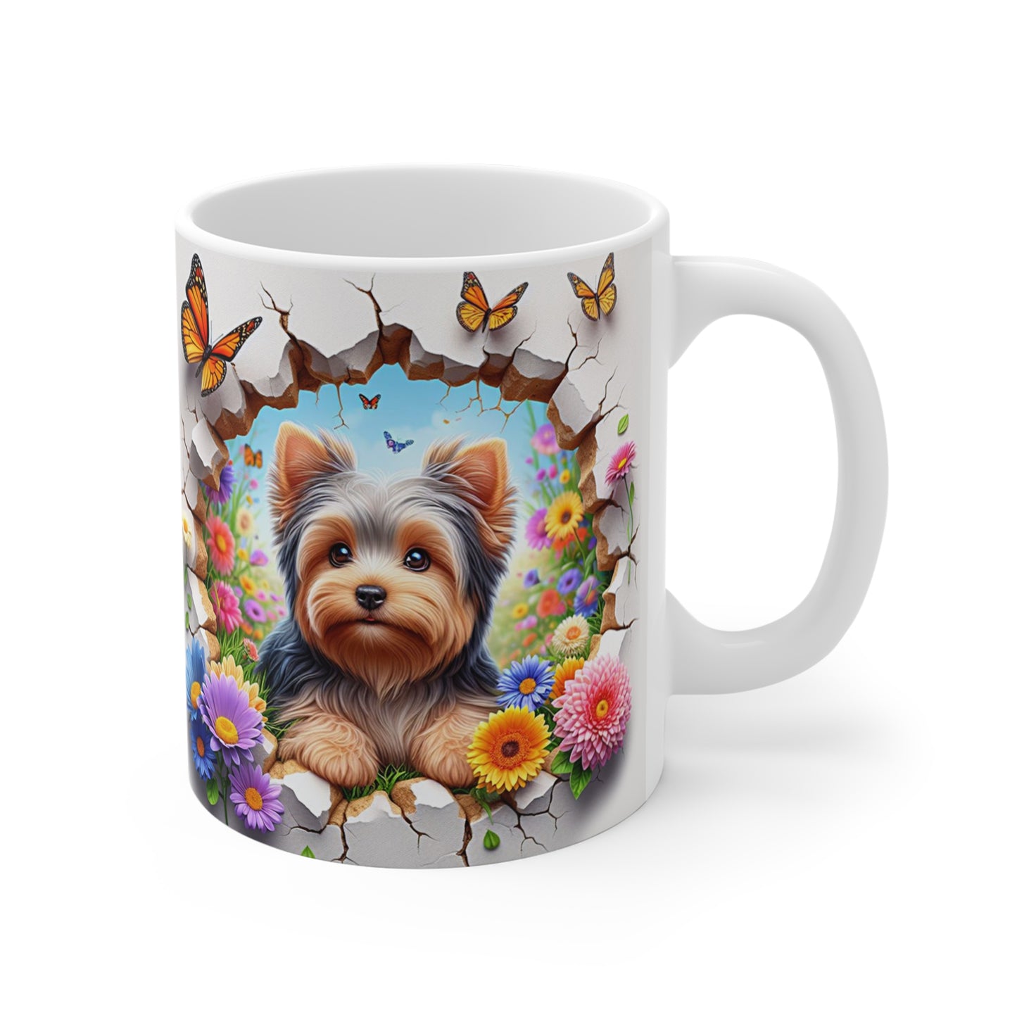 Tasse Céramique Yorkshire et Fleurs – Mug Chien Mignon Papillons – Cadeau Animaux Bohème 325ml