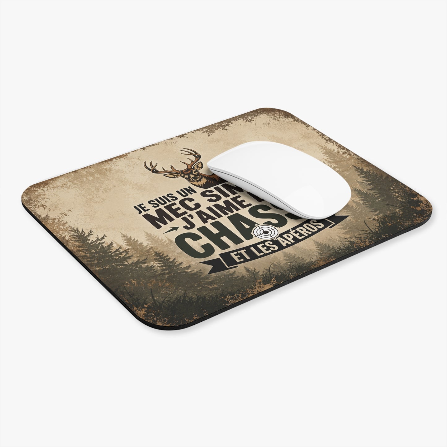 Tapis de Souris Chasse Humour Homme – Je Suis Un Mec Simple J’Aime La Chasse Et Les Apéros – Cadeau Chasseur Vintage Cerf Forêt – Accessoire Bureau Antidérapant