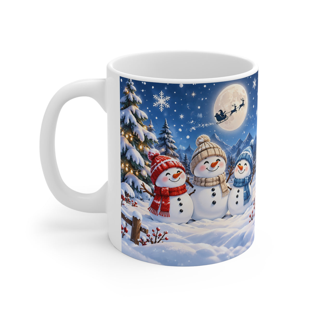 Mug Bonhommes de Neige de Noël – Tasse Hiver avec Sapins Enneigés, Lune et Traîneau du Père Noël – Cadeau Original Homme Femme