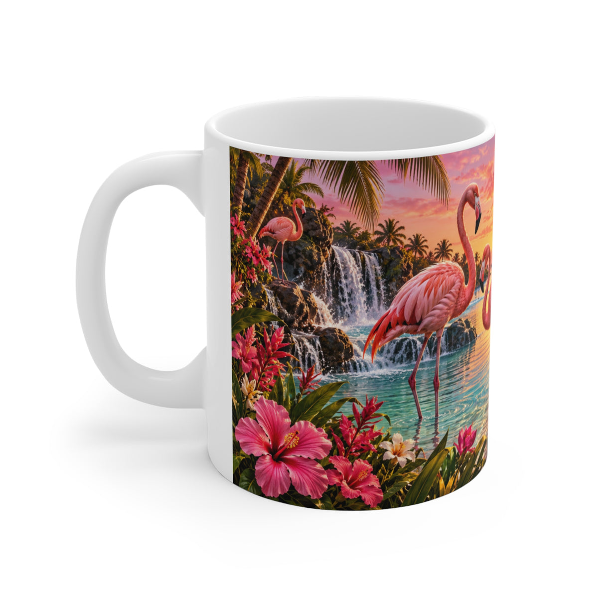 Mug Flamants Roses Tropicaux au Coucher de Soleil – Tasse Paysage Exotique avec Fleurs, Cascade et Lagon – Cadeau Original Amoureux des Animaux