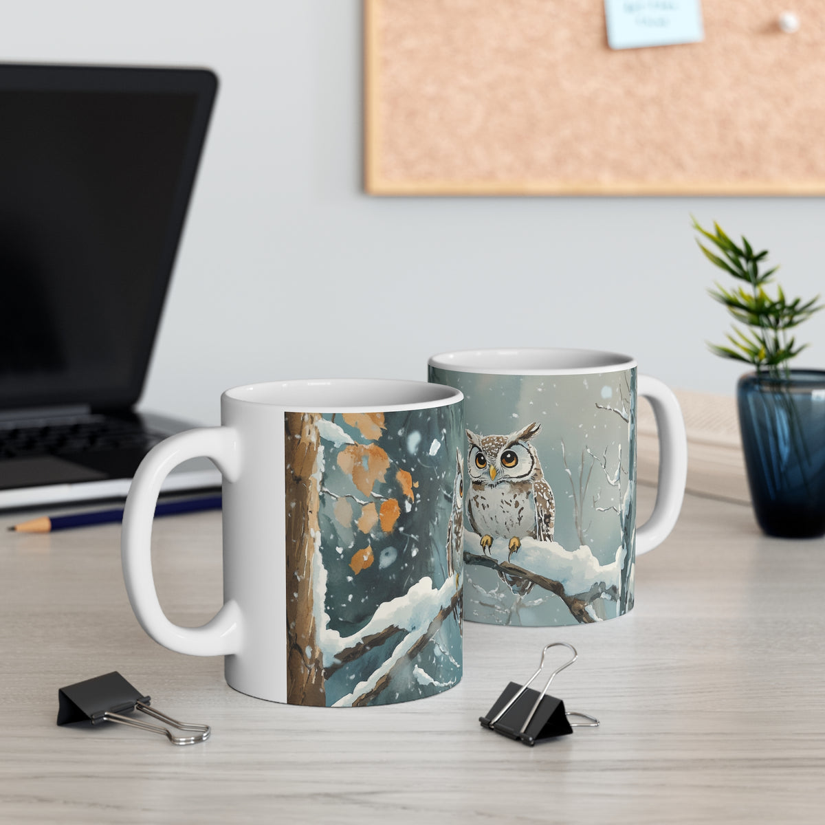 Mug Hiboux dans la Neige – Tasse Hiver Forêt Enneigée Style Aquarelle – Cadeau Original Noël Amoureux des Oiseaux