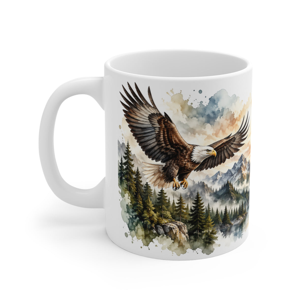 Mug Aigles en Vol au-dessus des Montagnes – Tasse Nature Sauvage Style Aquarelle – Cadeau Original Amoureux des Rapaces et Paysages