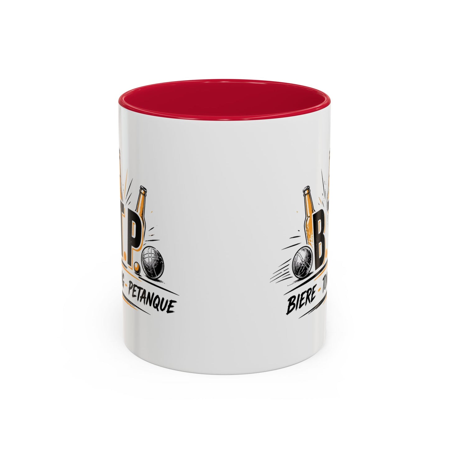 Mug B.T.P. Humoristique – Tasse Bière Tong Pétanque – Cadeau Original Apéro et Pétanque – Céramique 325ml Noir Bleu Rouge