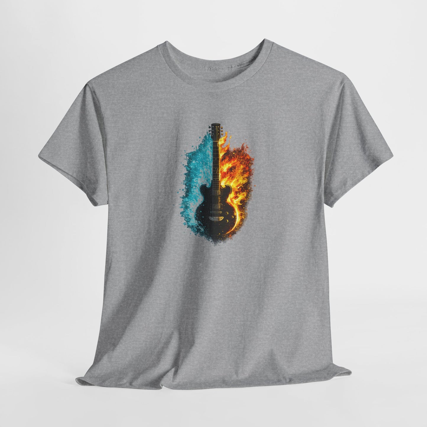 T-Shirt Guitare Feu et Glace – Design Électrique Artistique – Tee-Shirt Musique Rock Original