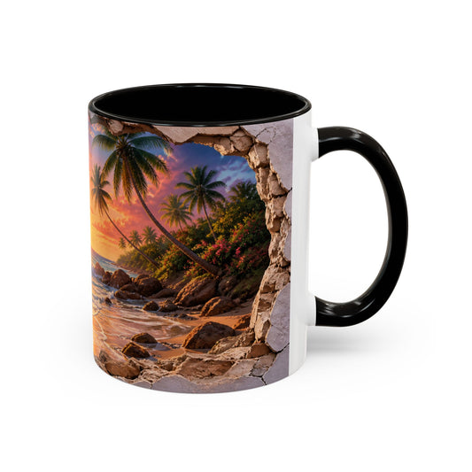 Tasse Plage Tropicale et Océan – Mug Paysage Paradis Exotique – Design Artistique Effet Mur Cassé – Céramique 325ml
