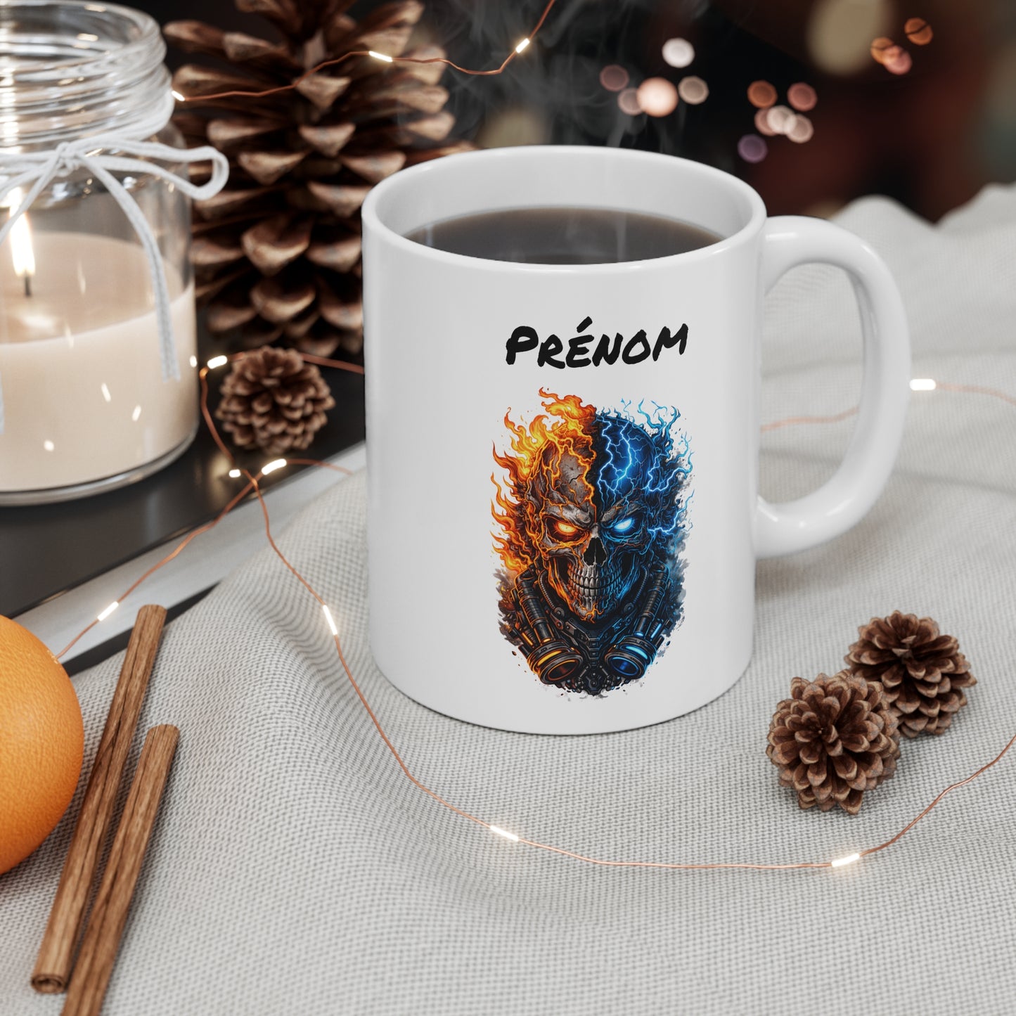 Mug Tête de Mort Personnalisé – Crâne Feu et Glace – Tasse Gamer Dark avec Prénom – Cadeau Homme Original