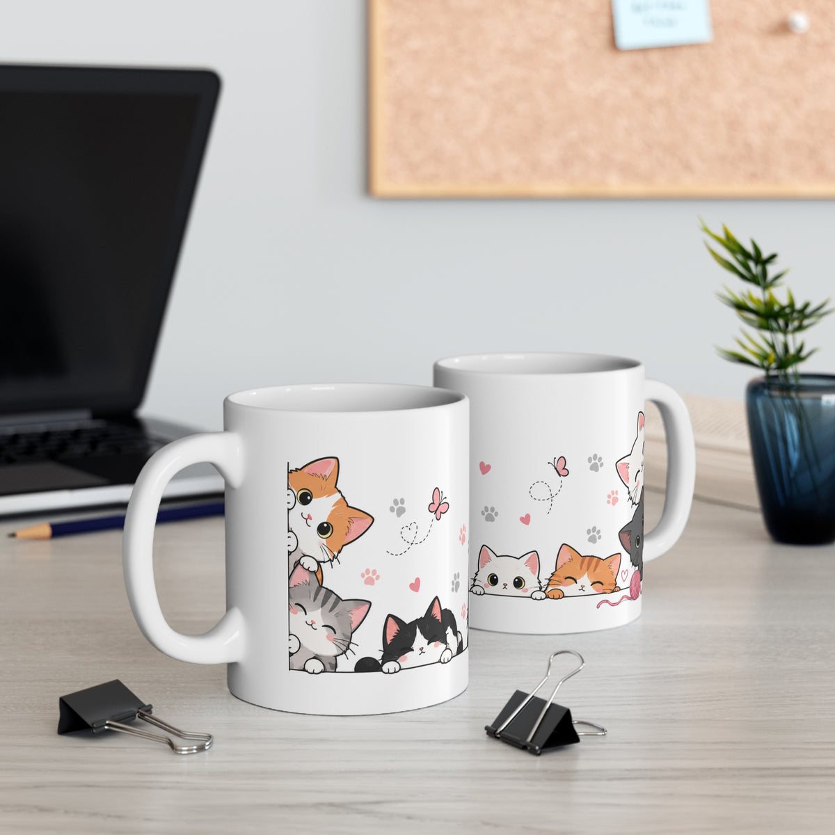 Mug Chats Mignons et Colorés – Tasse avec Petits Chats, Cœurs, Papillons et Pelote de Laine – Cadeau Original Amoureux des Chats