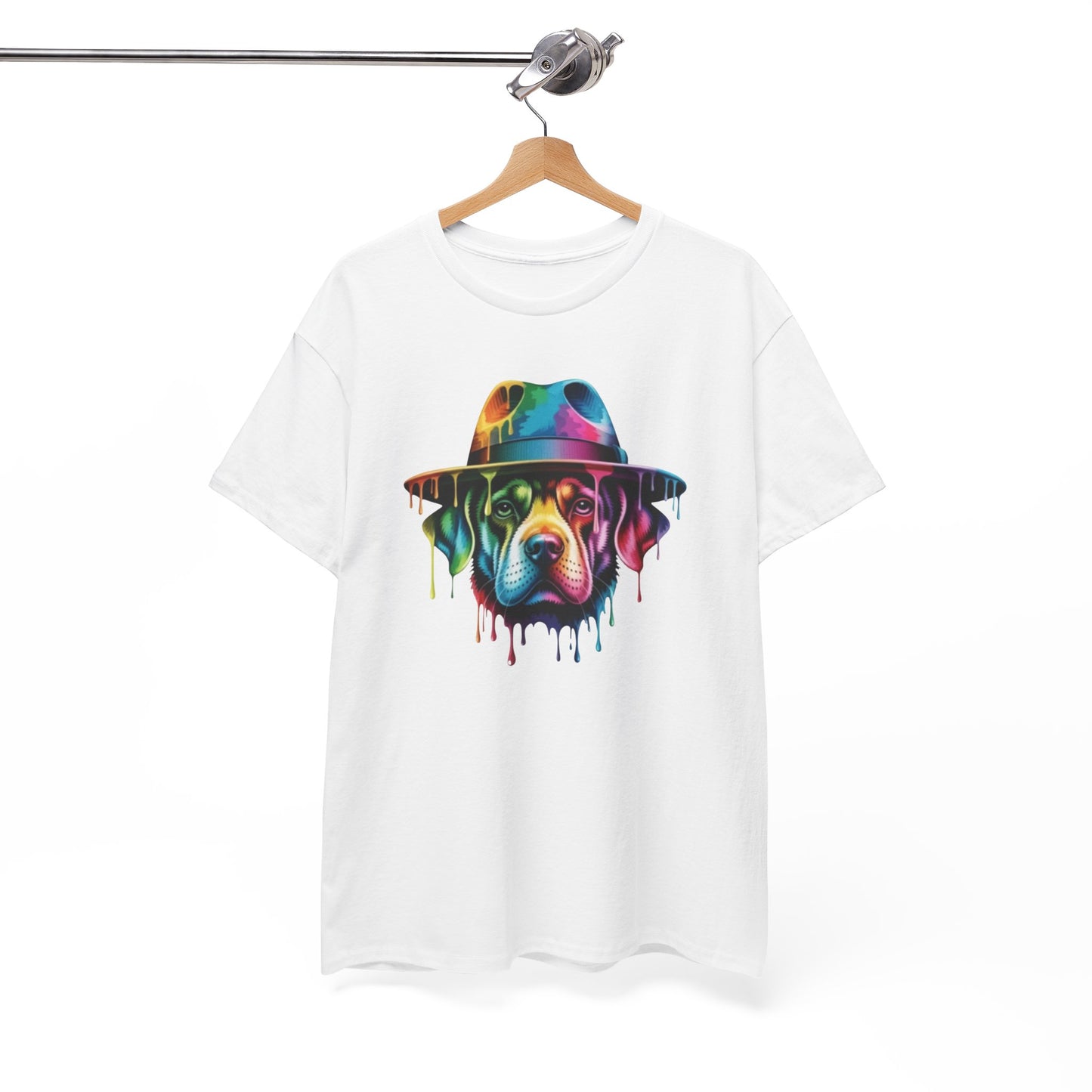 T-Shirt Chien Coloré avec Chapeau – Tee Shirt Art Urbain Peinture Dripping – Cadeau Original Style Streetwear Noir Blanc Gris