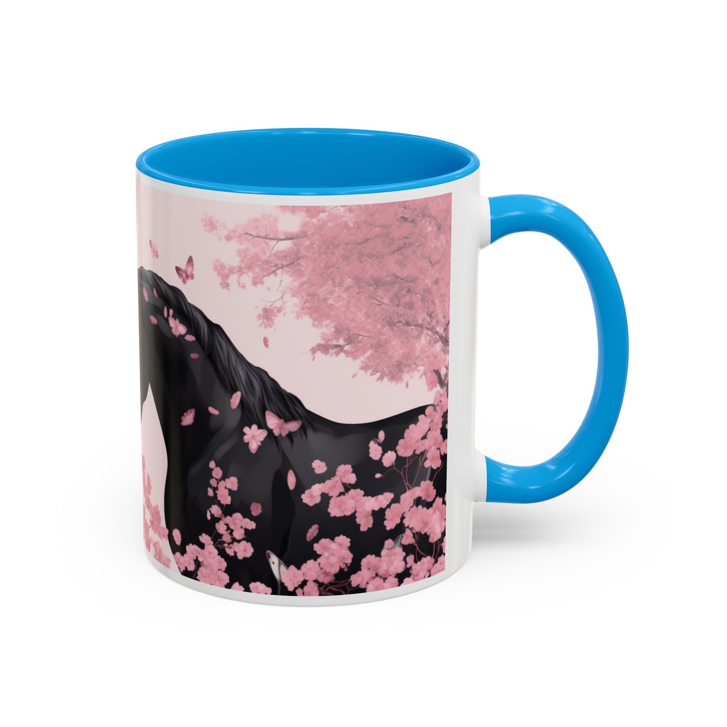 Mug Chevaux Sakura – Tasse Cheval Noir et Blanc avec Fleurs de Cerisier Roses – Cadeau Passion Cheval 325ml
