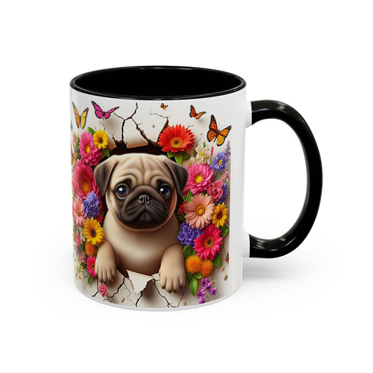 Mug Carlin Kawaii – Tasse Chiot Carlin avec Fleurs Colorées et Papillons – Cadeau Amoureux des Chiens 325ml