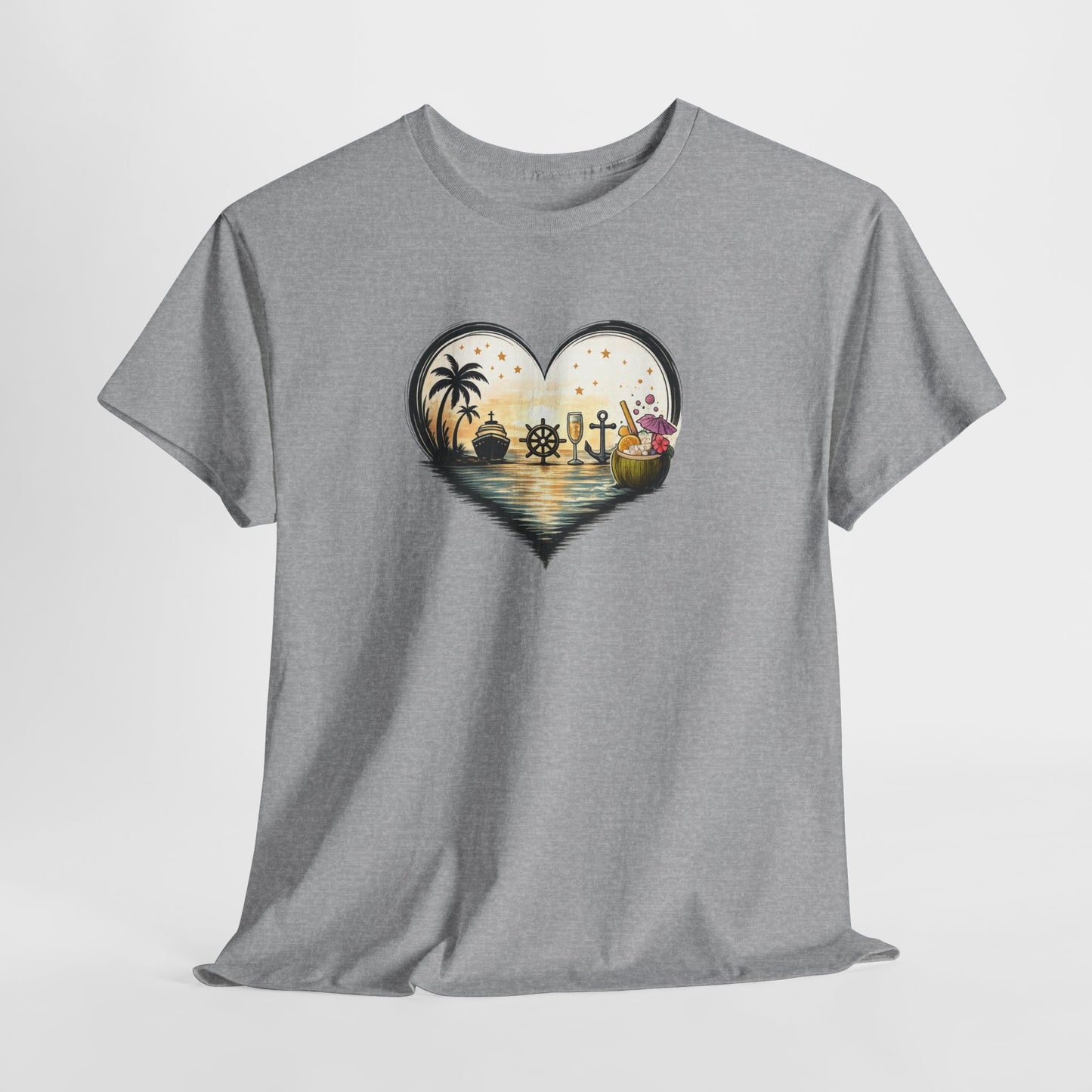 T-Shirt Cœur Océan Tropical – Design Voyage Mer et Cocktails – Tee-Shirt Ambiance Vacances et Liberté
