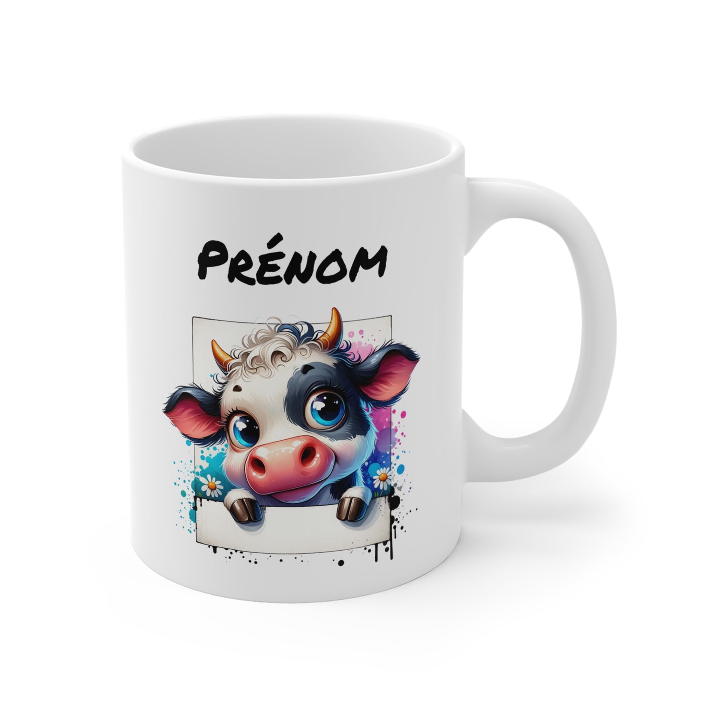 Tasse Personnalisable Vache Tachetée – Mug Prénom Illustration Fleurie – Cadeau Animal Ferme Mignon 325ml