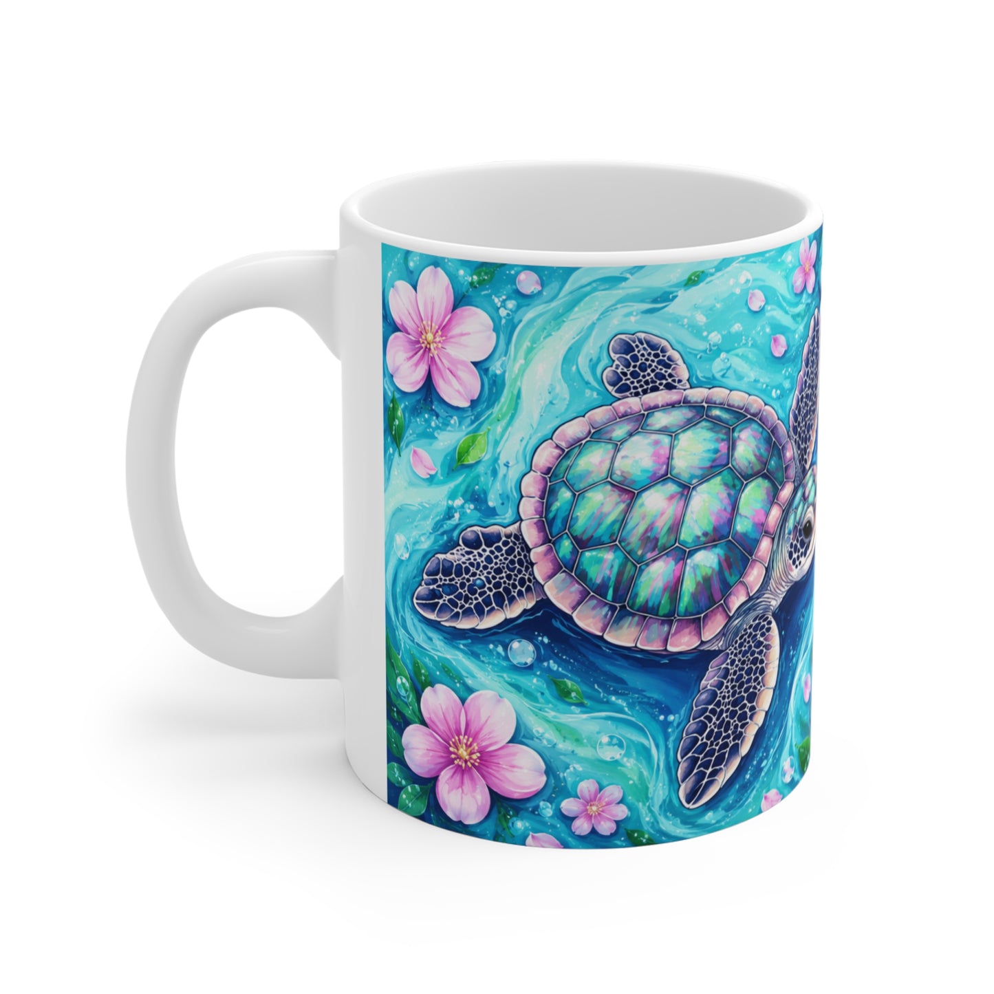 Tasse Tortue Marine – Mug Océan Tropical et Fleurs Roses – Cadeau Femme Homme 325ml