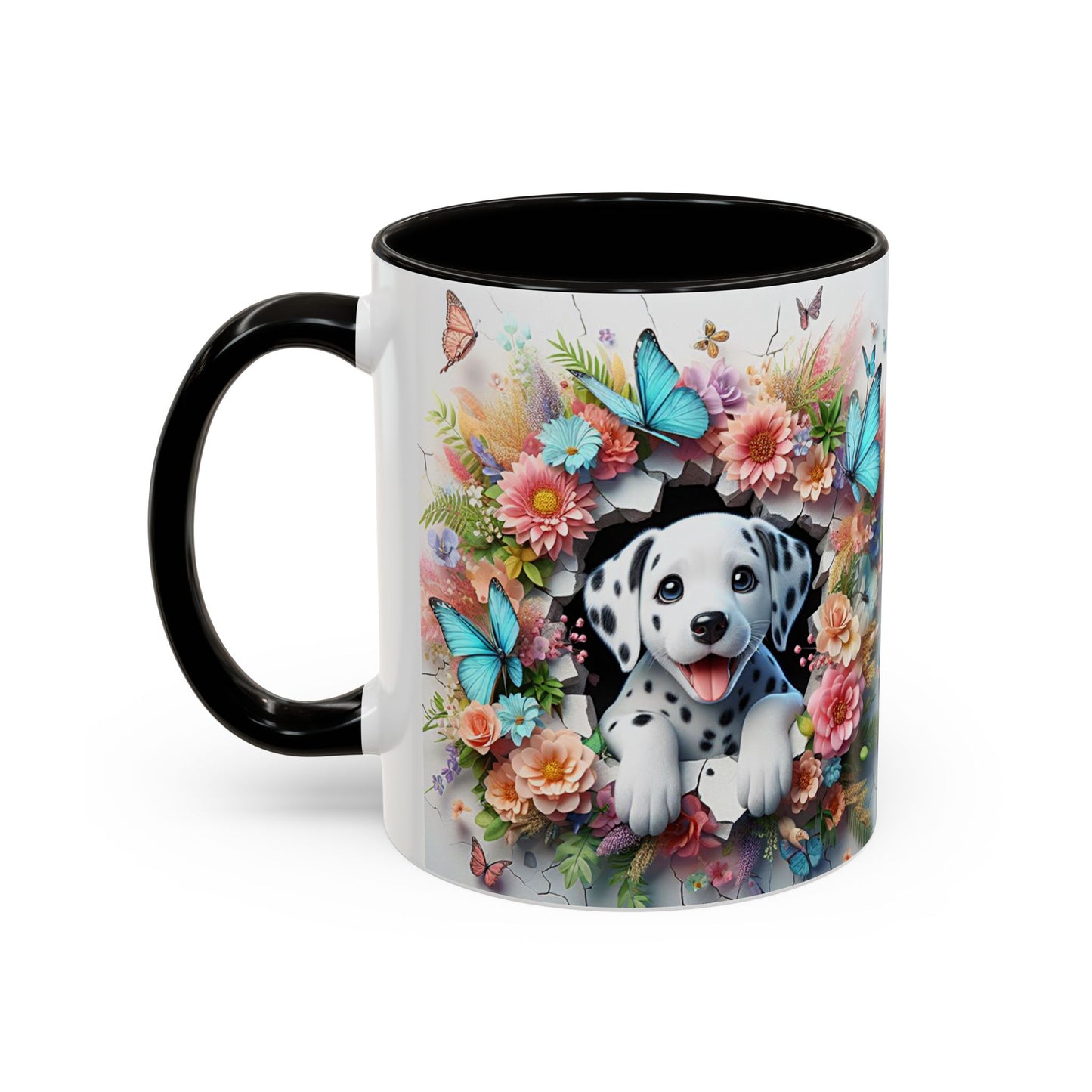 Mug Dalmatien Kawaii – Tasse Chiot Dalmatien avec Fleurs Pastel et Papillons Bleus – Cadeau Amoureux des Chiens 325ml