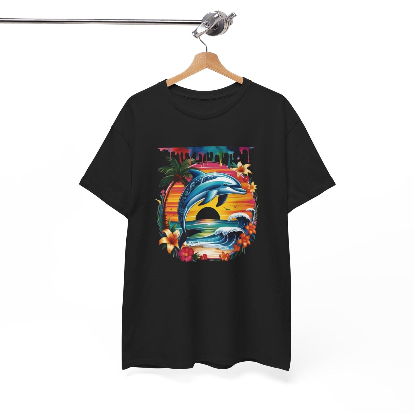 T-Shirt Dauphin Tropical Adulte – Dolphin Sunset Ocean Beach – Tee Shirt Été Vacances Noir Blanc Gris