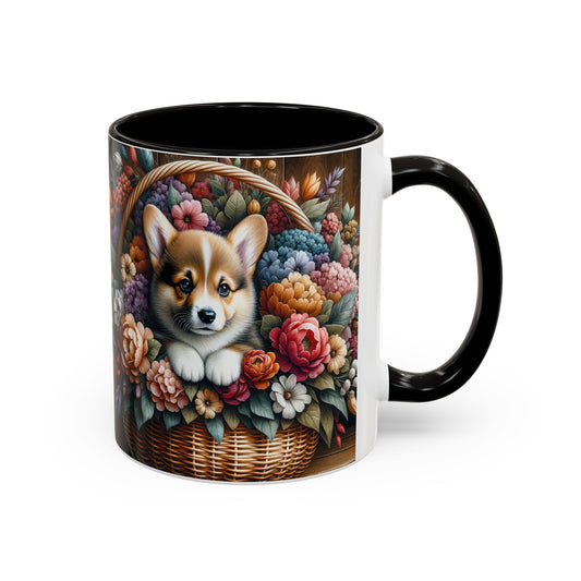 Mug Corgi Fleuri – Tasse Chiot Corgi dans Panier de Fleurs Vintage – Cadeau Amoureux des Chiens 325ml