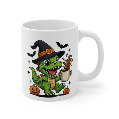 Mug Dinosaure Sorcier Café – Tasse Céramique 325ml – Illustration Drôle Halloween avec Citrouilles