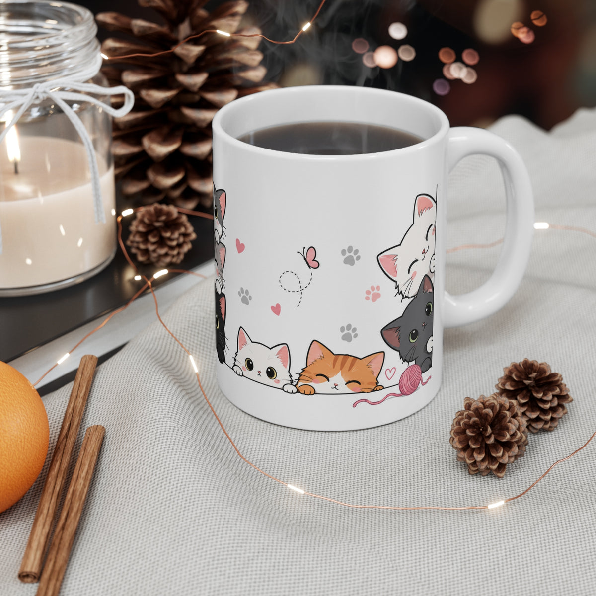 Mug Chats Mignons et Colorés – Tasse avec Petits Chats, Cœurs, Papillons et Pelote de Laine – Cadeau Original Amoureux des Chats