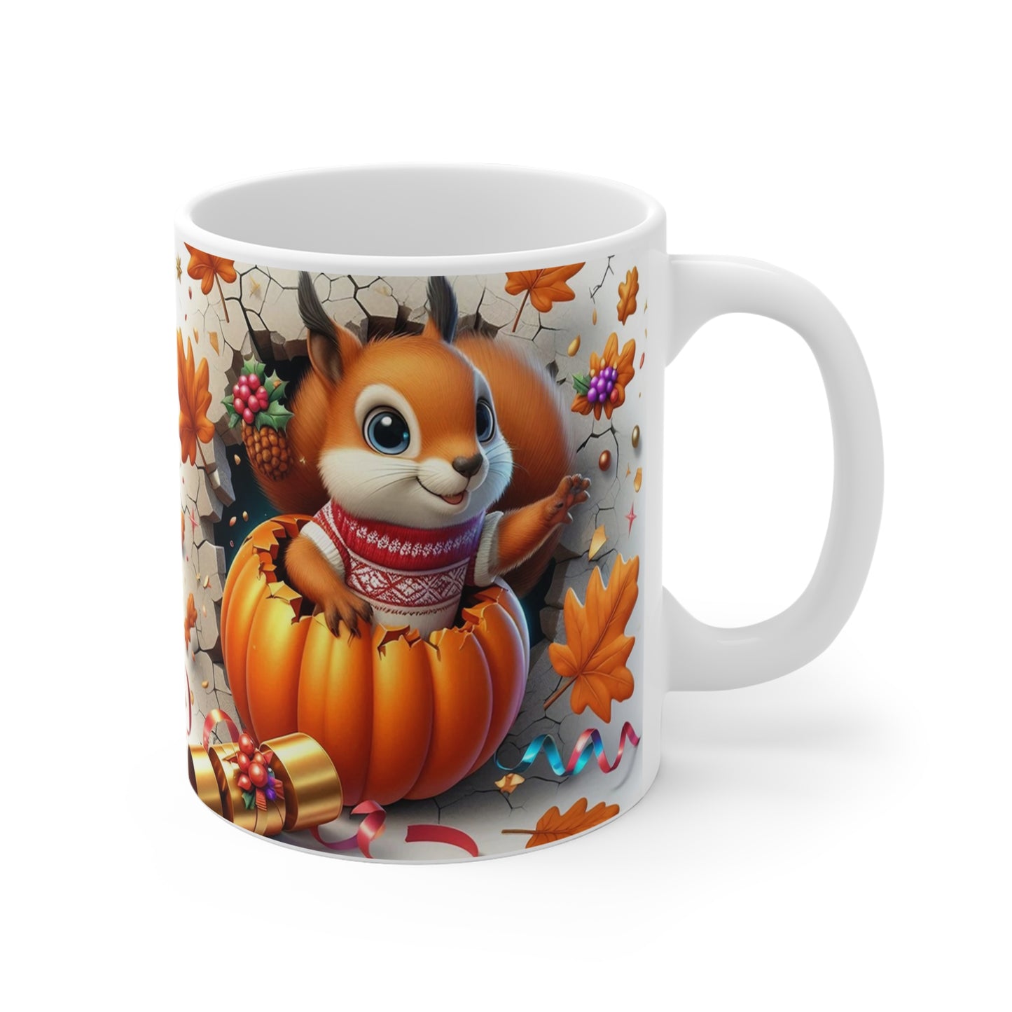 Tasse Écureuil Automne-Hiver – Mug Citrouille & Pull Rouge – Cadeau Cosy Saison Festive 325ml