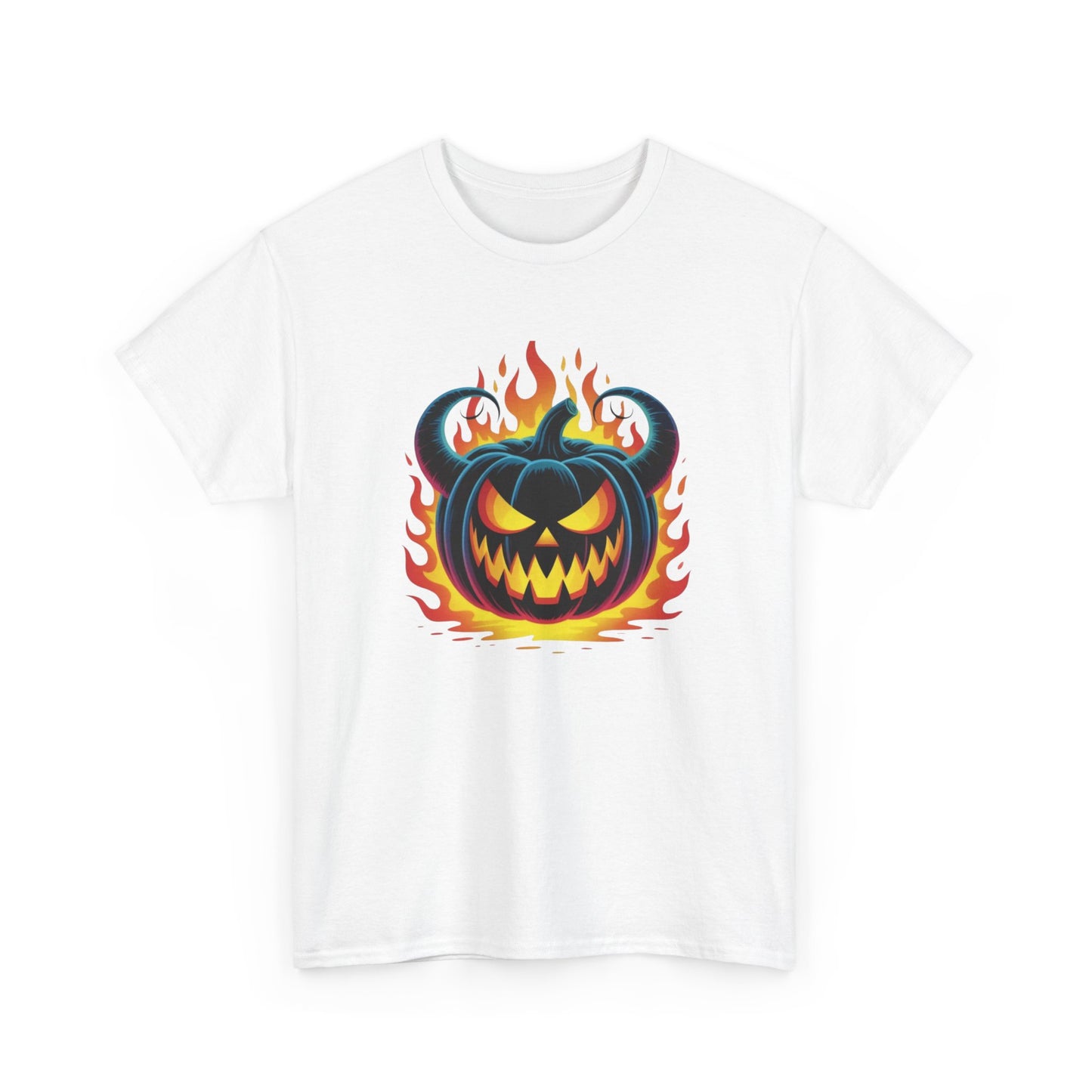 T-Shirt Halloween Citrouille Démoniaque Feu Adulte – Tee Shirt Jack O Lantern Effrayant – Design Horreur Fantaisie Noir Blanc Gris