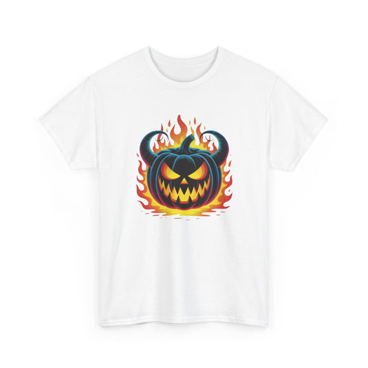 T-Shirt Halloween Citrouille Démoniaque Feu Adulte – Tee Shirt Jack O Lantern Effrayant – Design Horreur Fantaisie Noir Blanc Gris