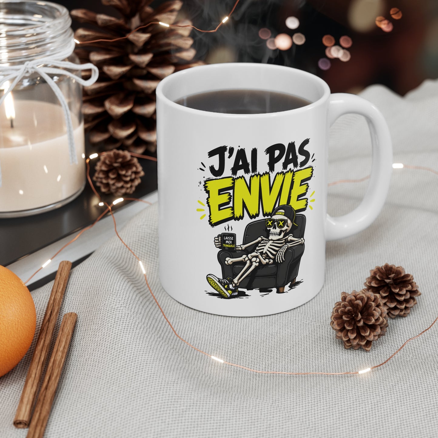 Tasse J’Ai Pas Envie – Mug Humour Squelette Fatigué – Cadeau Drôle Sarcastique Homme Femme 325ml