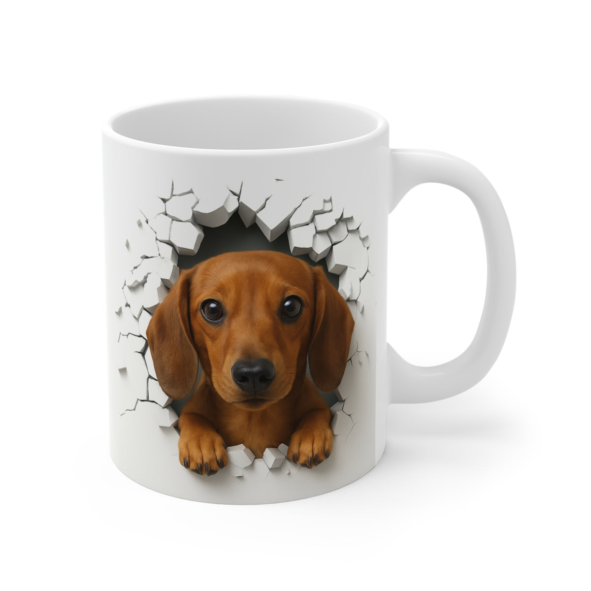 Mug Teckel Roux Effet Mur Cassé – Tasse Chien 3D Trompe-l’œil – Cadeau Original Amoureux du Teckel