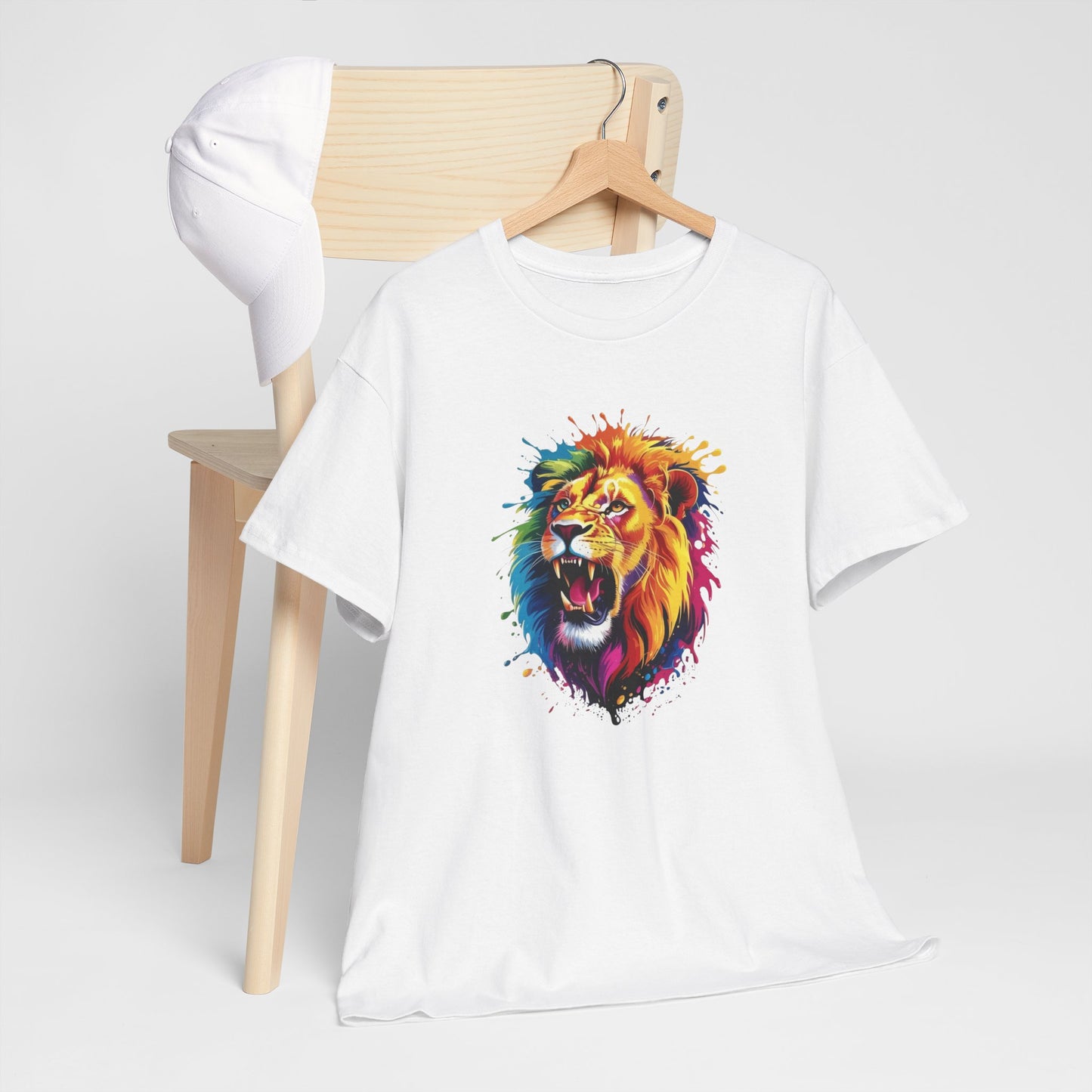 T-Shirt Lion Rugissant Coloré – Tee Shirt Tête de Lion Art Dripping – Cadeau Animal Puissant Streetwear Noir Blanc Gris