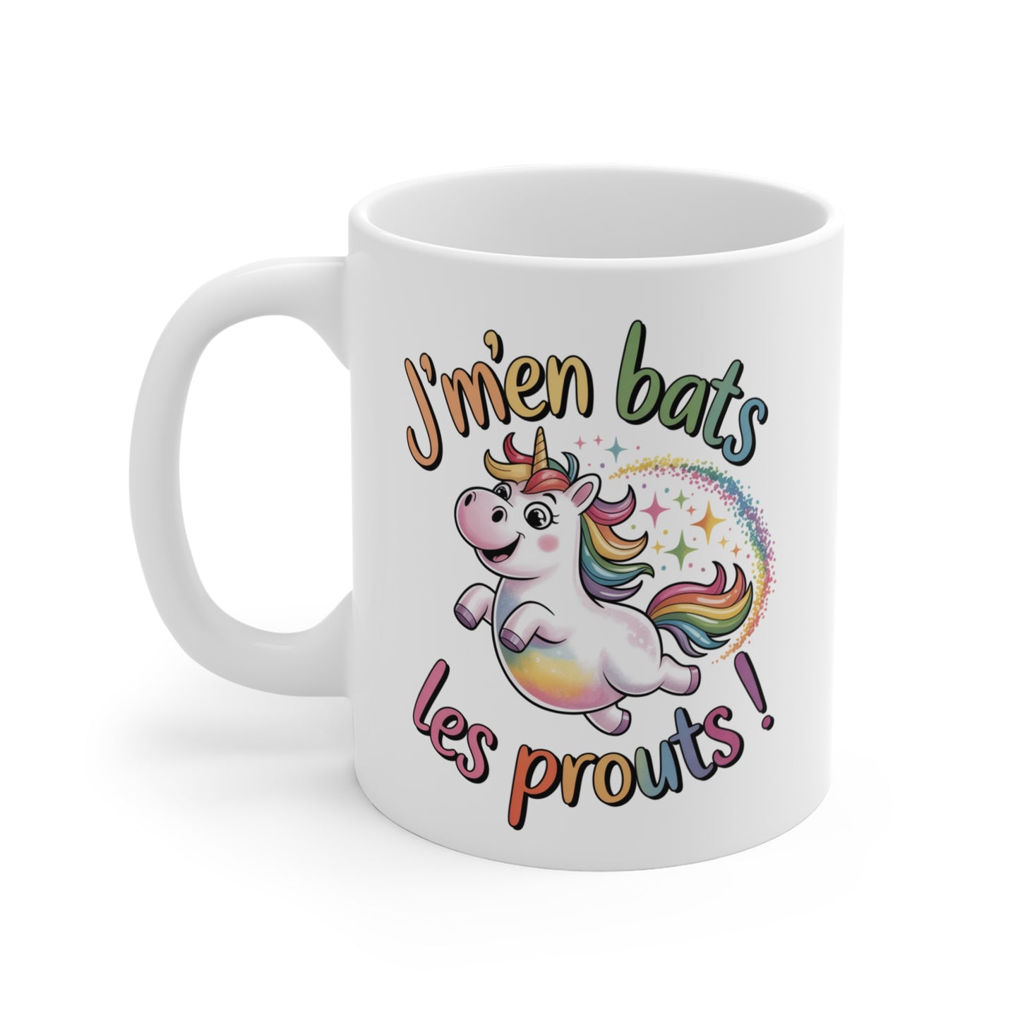 Mug Licorne Humoristique – Tasse J’m’en Bats les Prouts – Cadeau Drôle Arc-en-Ciel Céramique 325ml