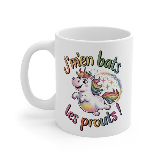 Mug Licorne Humoristique – Tasse J’m’en Bats les Prouts – Cadeau Drôle Arc-en-Ciel Céramique 325ml