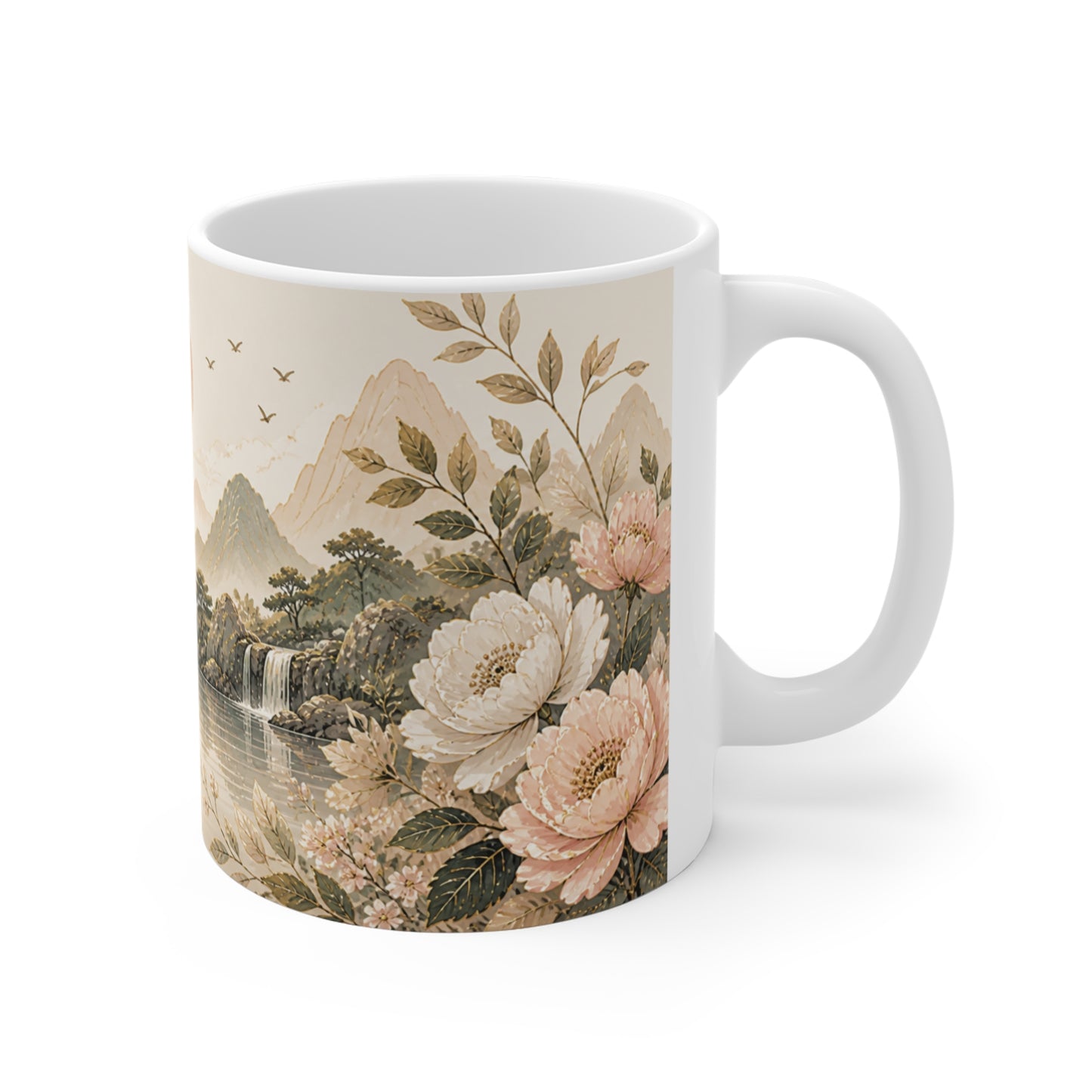 Tasse Paysage Japonais Fleuri – Mug Nature Zen Vintage – Cadeau Homme Femme Enfant 325ml