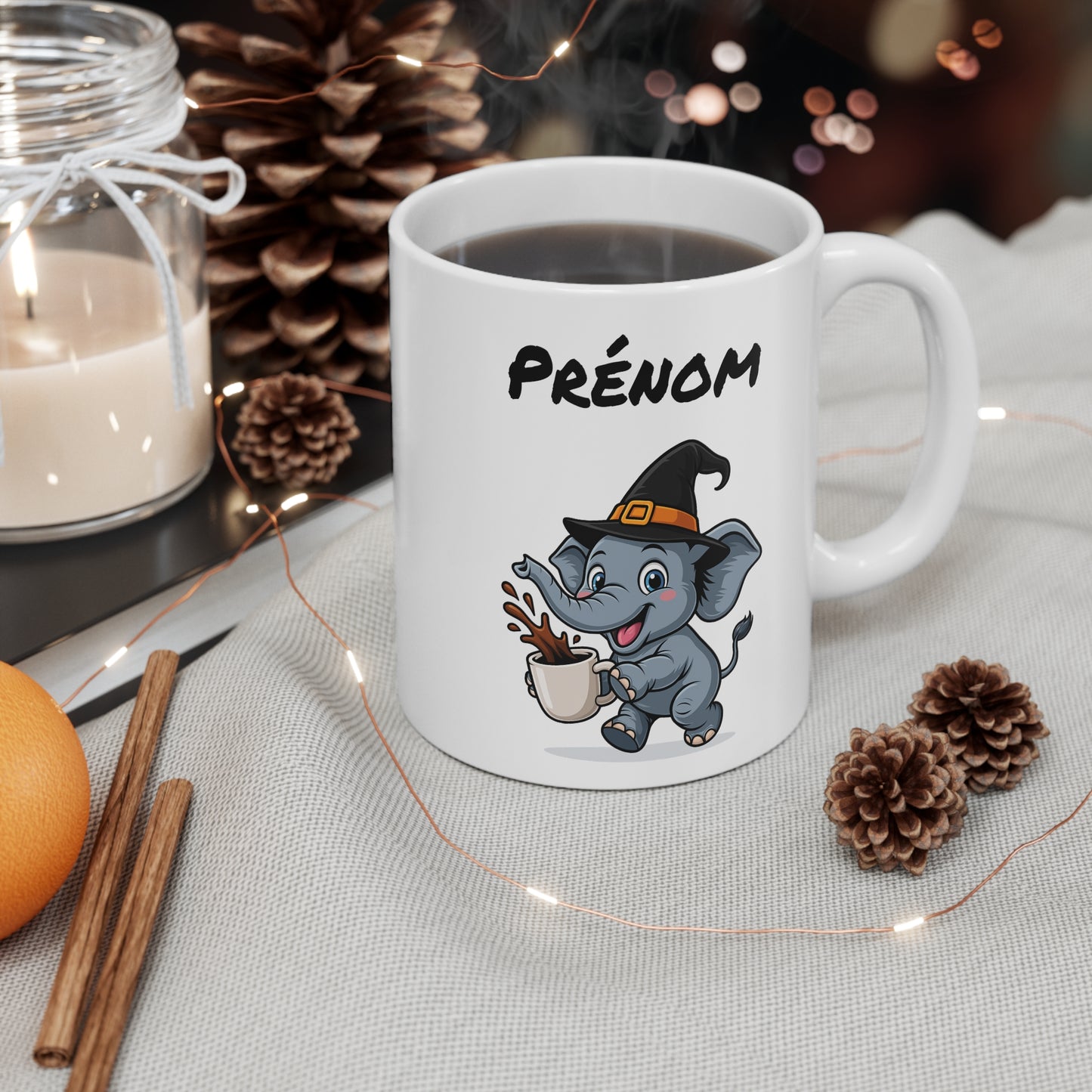 Tasse Personnalisable Éléphant Sorcier Café – Mug Prénom Céramique 325ml – Cadeau Drôle Halloween
