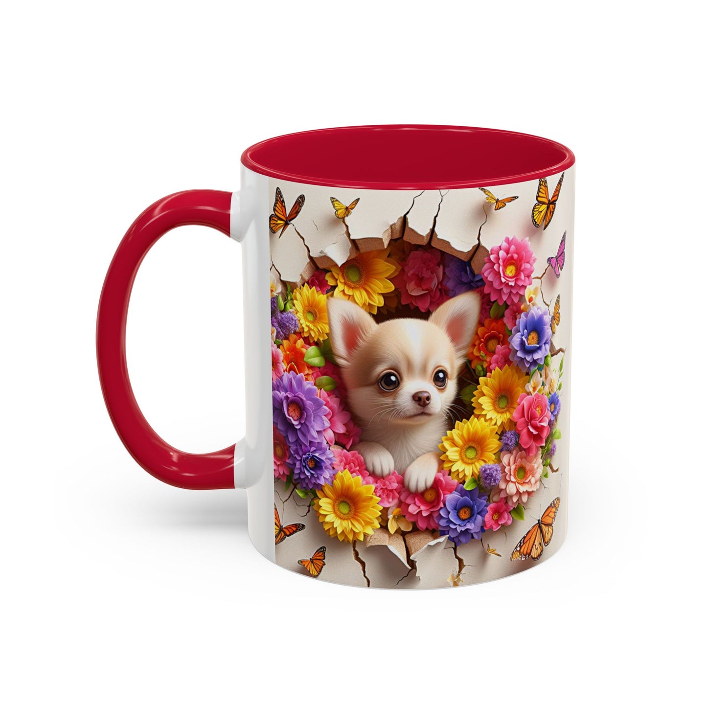 Mug Chihuahua Kawaii – Tasse Petit Chien avec Fleurs Colorées et Papillons – Cadeau Amoureux des Chiens 325ml