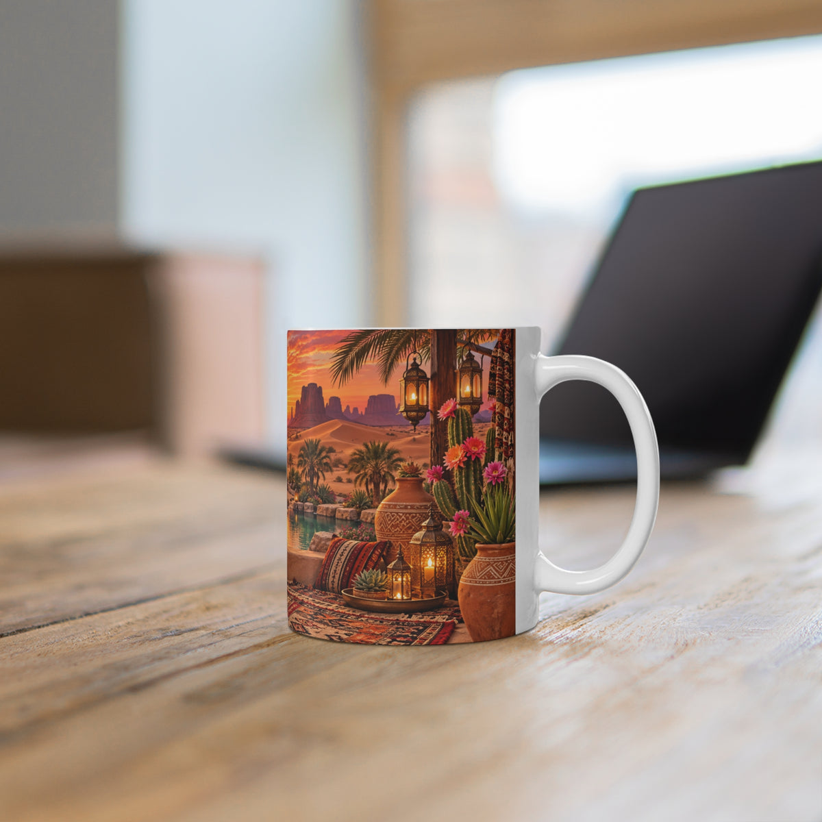 Mug Paysage Désertique Oriental au Coucher de Soleil – Tasse Oasis, Cactus, Lanternes et Décor Bohème – Cadeau Original Voyage et Déco