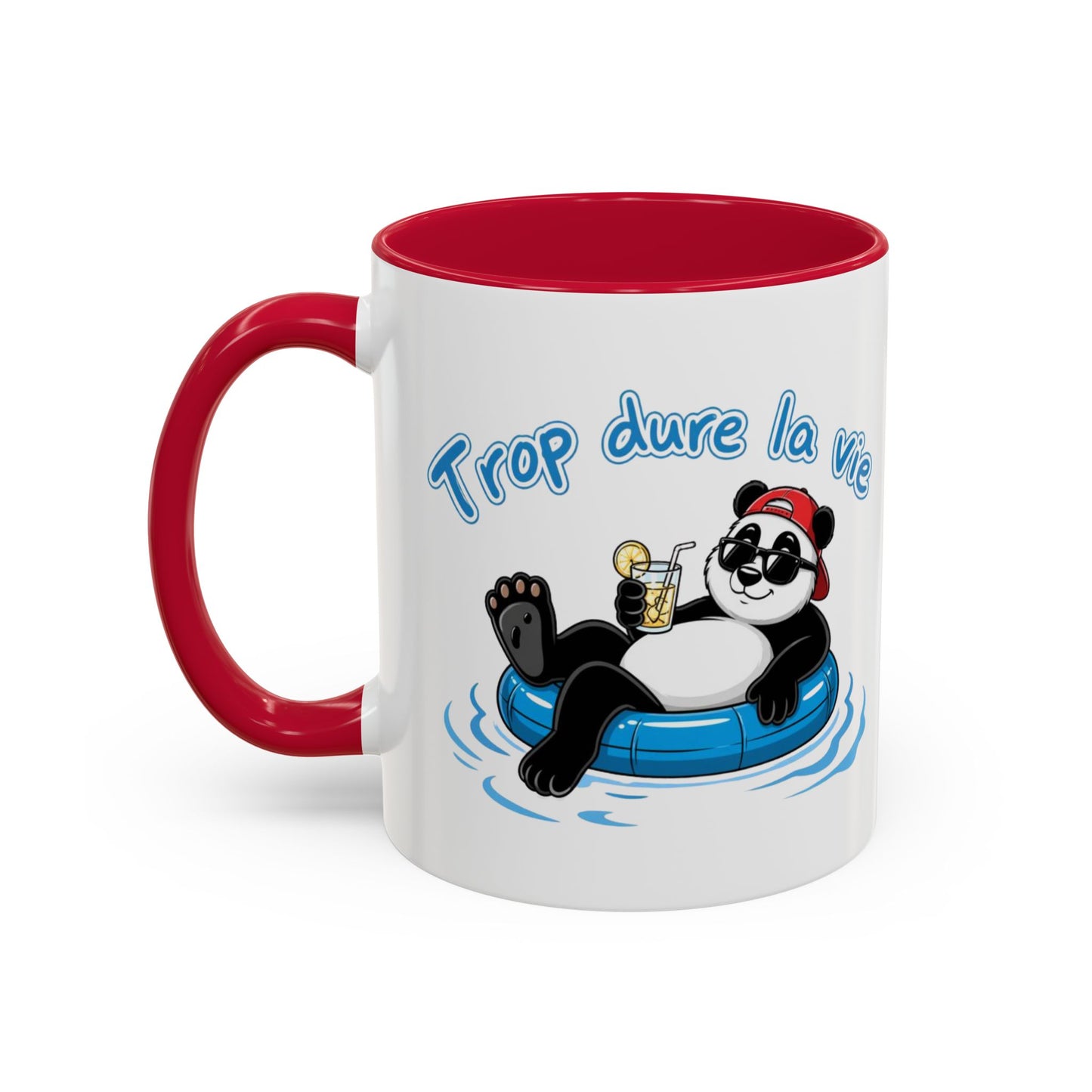 Mug Panda Relax Humour – “Trop Dure La Vie” – Tasse Panda Bouée Cocktail Vacances – Cadeau Drôle Homme Femme – Céramique 325ml Noir Bleu Rouge