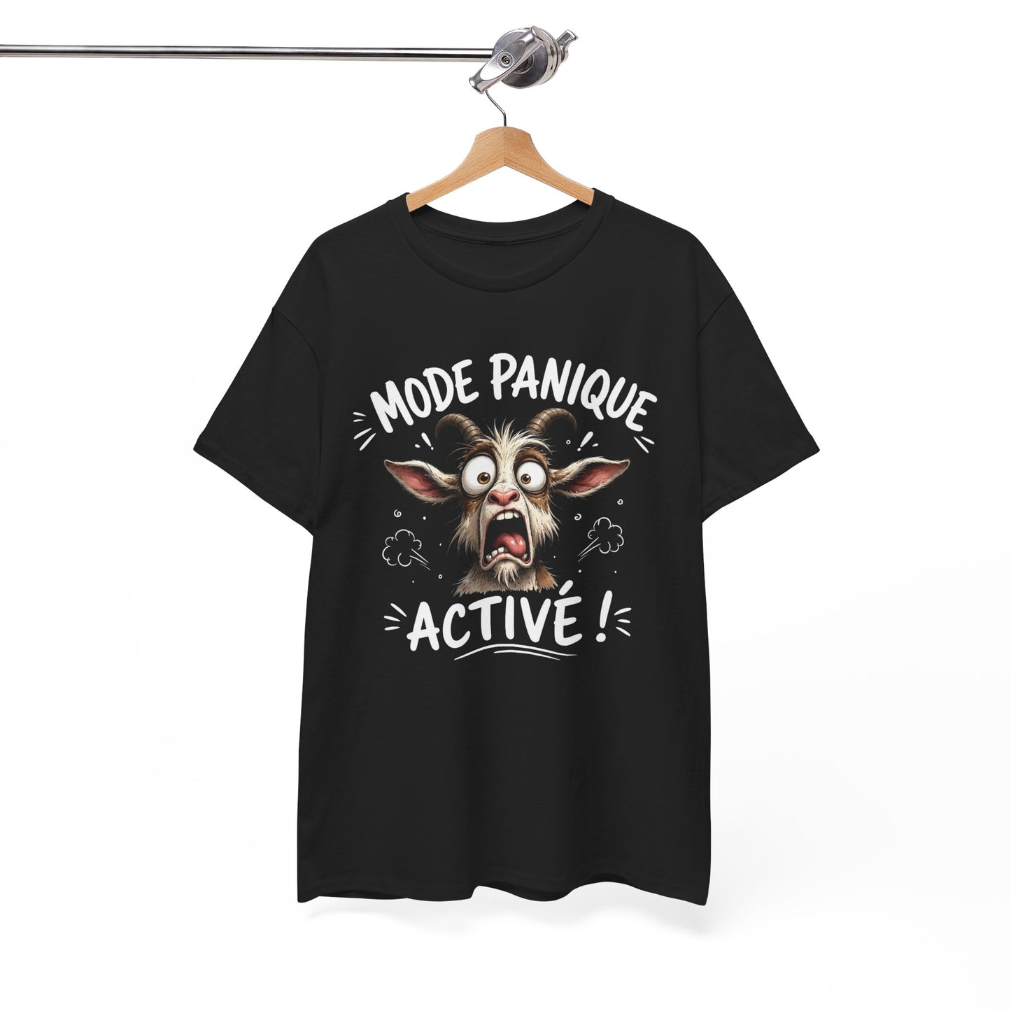 Tee-Shirt Mode Panique Activé – Chèvre Délirante Humour – Cadeau Drôle Homme Femme Adulte – Animal Rigolo et Citation Amusante