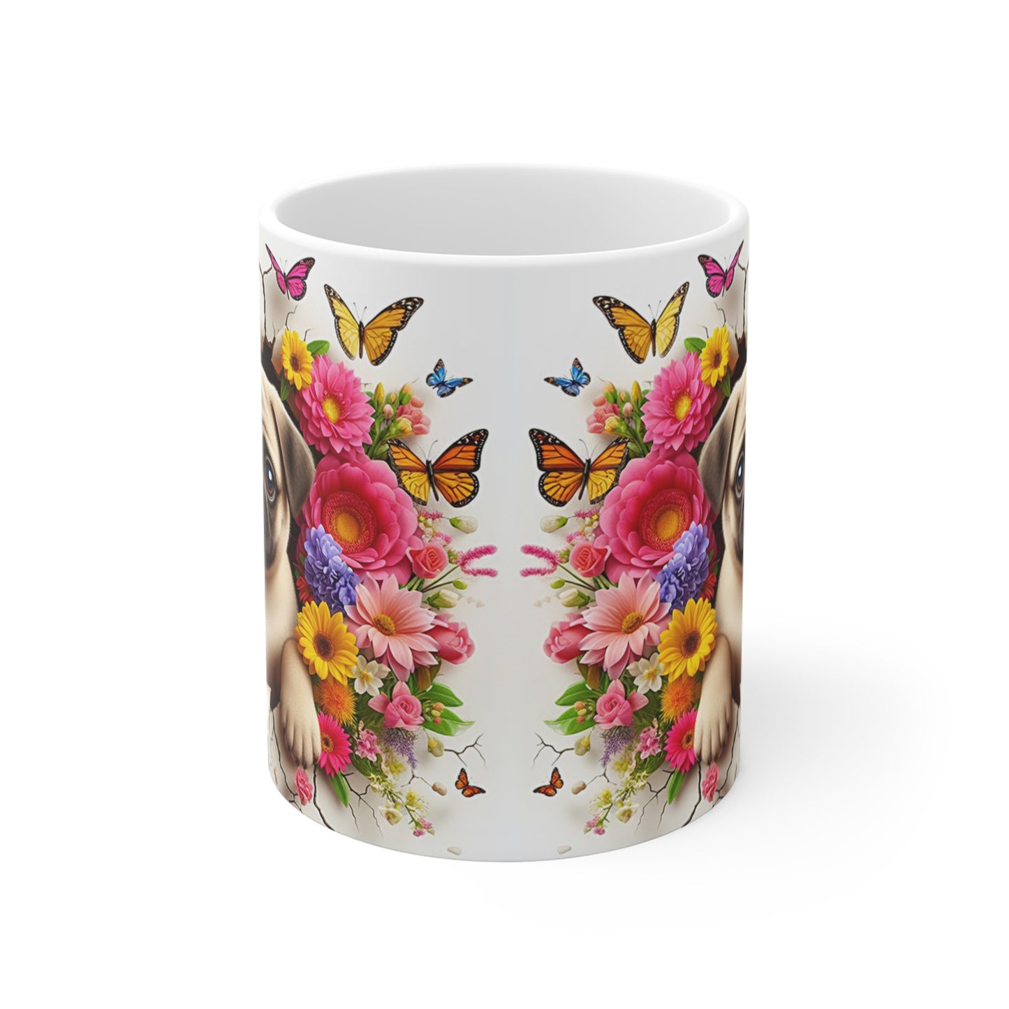 Tasse Céramique Carlin Pug et Fleurs – Mug Chien Mignon Papillons – Cadeau Animaux Bohème 325ml