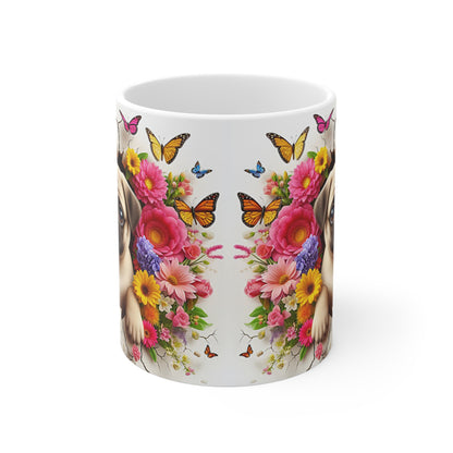 Tasse Céramique Carlin Pug et Fleurs – Mug Chien Mignon Papillons – Cadeau Animaux Bohème 325ml