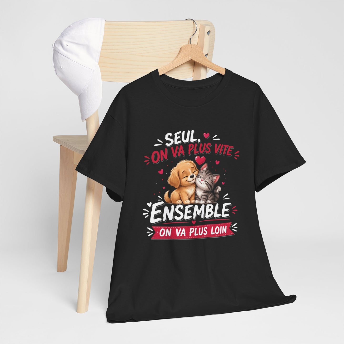 Tee-Shirt Seul On Va Plus Vite Ensemble On Va Plus Loin – Chien Chat Amour Amitié Motivation – Cadeau Homme Femme