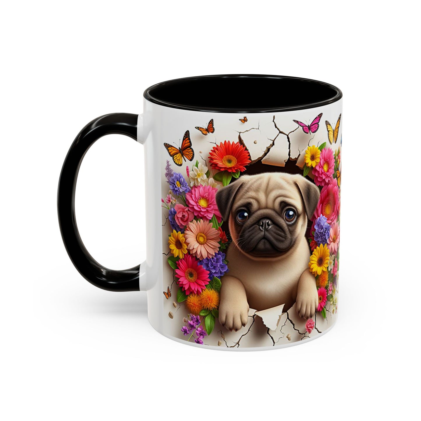 Mug Carlin Kawaii – Tasse Chiot Carlin avec Fleurs Colorées et Papillons – Cadeau Amoureux des Chiens 325ml