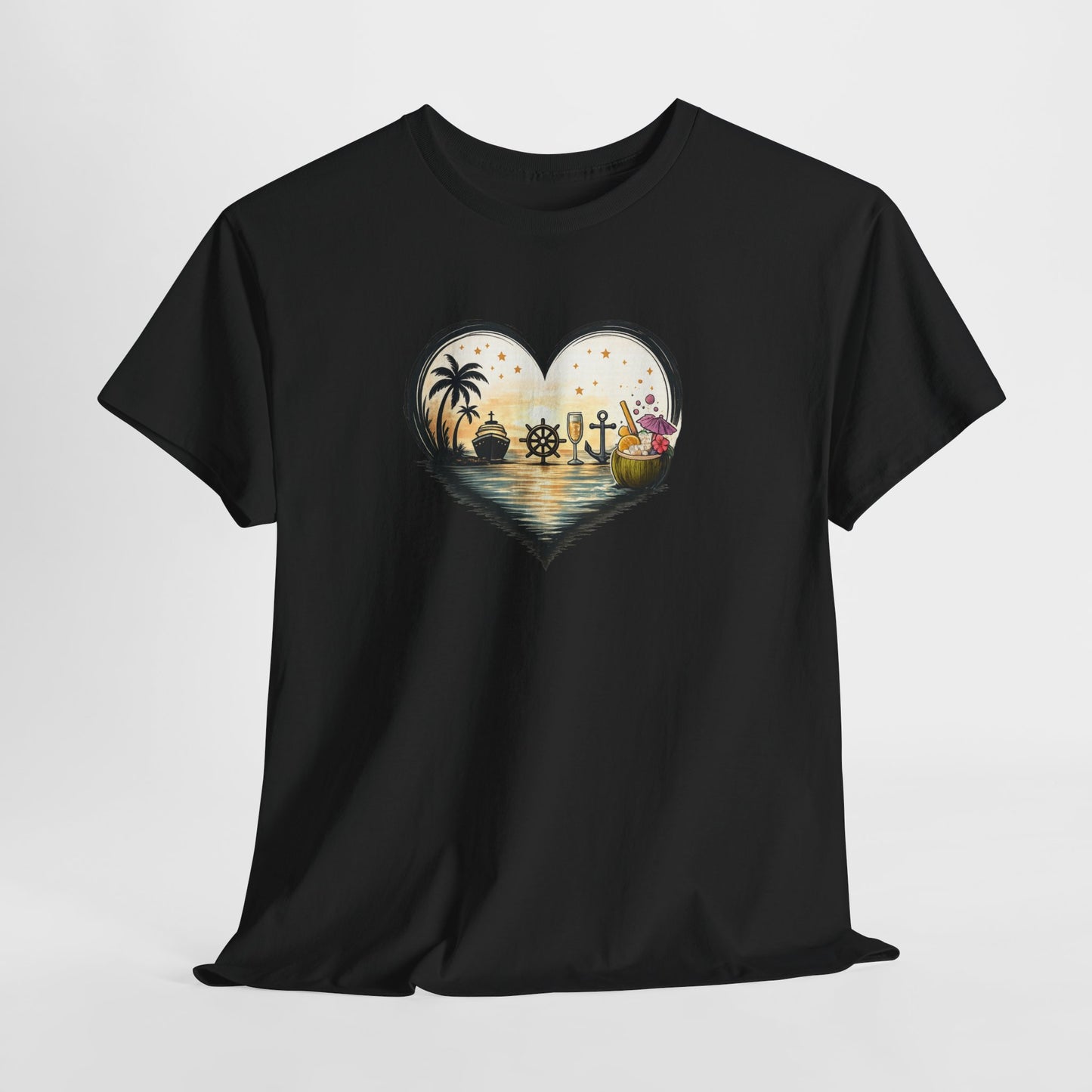 T-Shirt Cœur Océan Tropical – Design Voyage Mer et Cocktails – Tee-Shirt Ambiance Vacances et Liberté