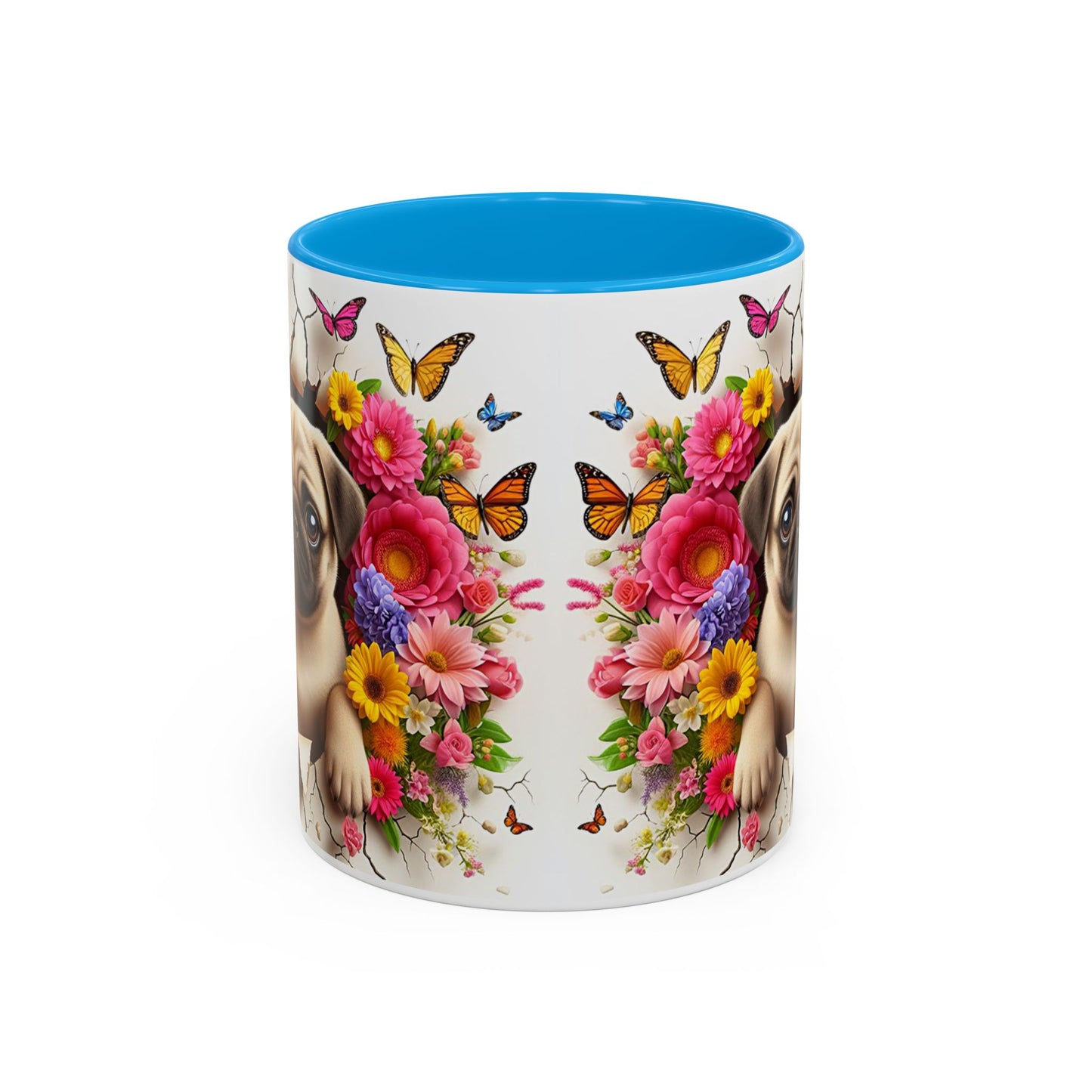 Mug Carlin Kawaii – Tasse Chiot Carlin avec Fleurs Colorées et Papillons – Cadeau Amoureux des Chiens 325ml