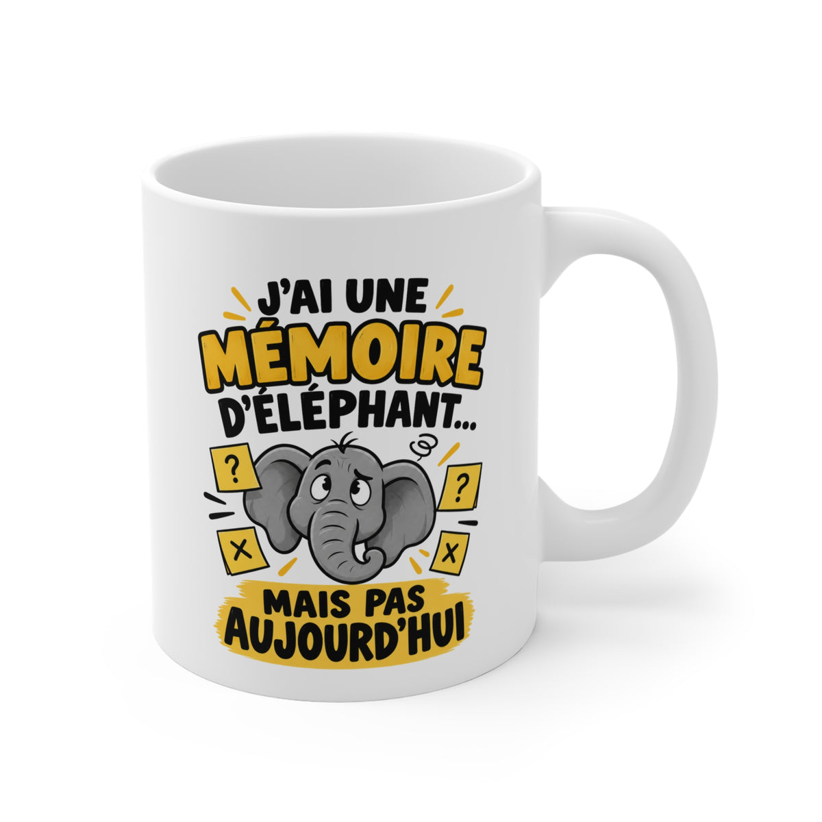 Mug Humour Mémoire d’Éléphant – Tasse Drôle Oublis et Mémoire – Cadeau Original Homme Femme