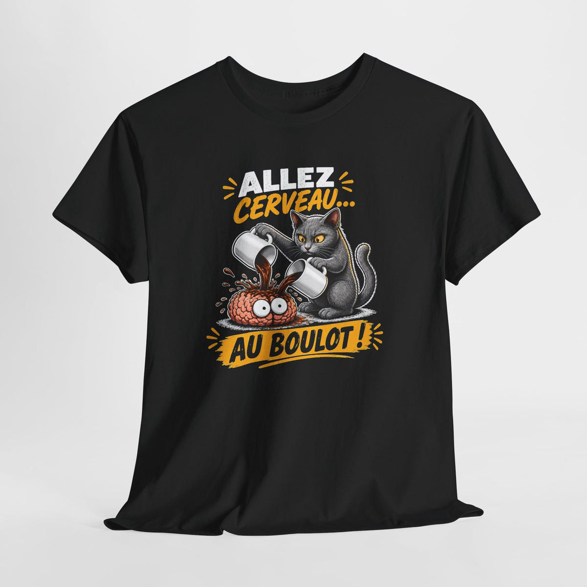 Tee Shirt Humour Homme et Femme – Allez Cerveau au Boulot – T-Shirt Chat Café Fatigue Travail Cadeau Drôle Original