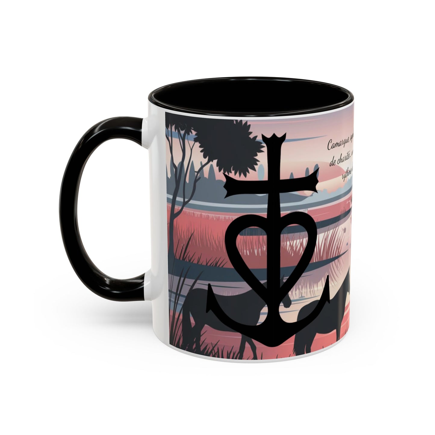 Mug Camargue Foi Espérance Charité – Tasse Croix Camarguaise Flamants Roses Chevaux – Cadeau Tradition Camarguaise 325ml