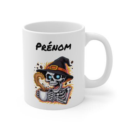 Mug Personnalisé Halloween Squelette Sorcier – Tasse Céramique 325ml avec Prénom – Cadeau Effrayant et Drôle
